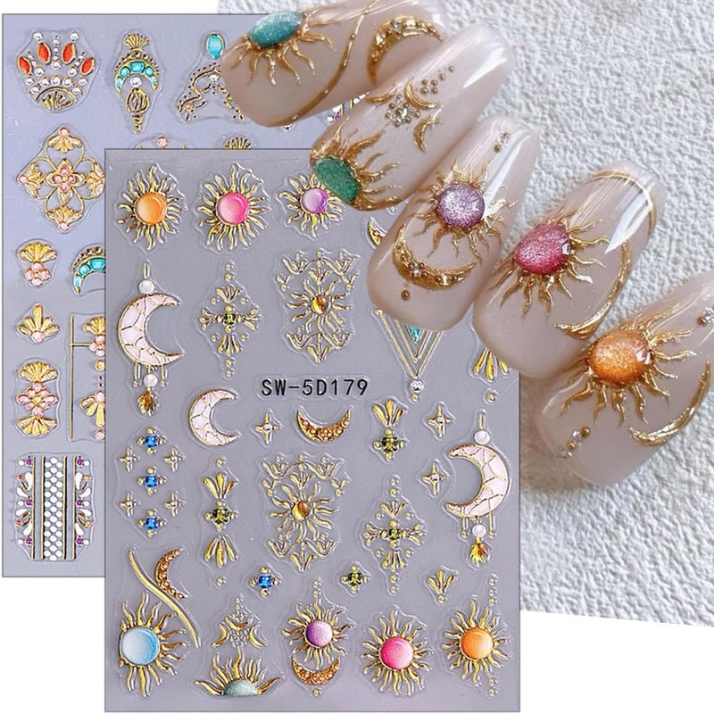 SPLOCUDU 12 Sheets Bohemian Style Nail Stickers for Nail Art Sun Star Moon 3D Self-Adhesive Gold Nails Decals Supplies for Women DIY Manicure - Image 2