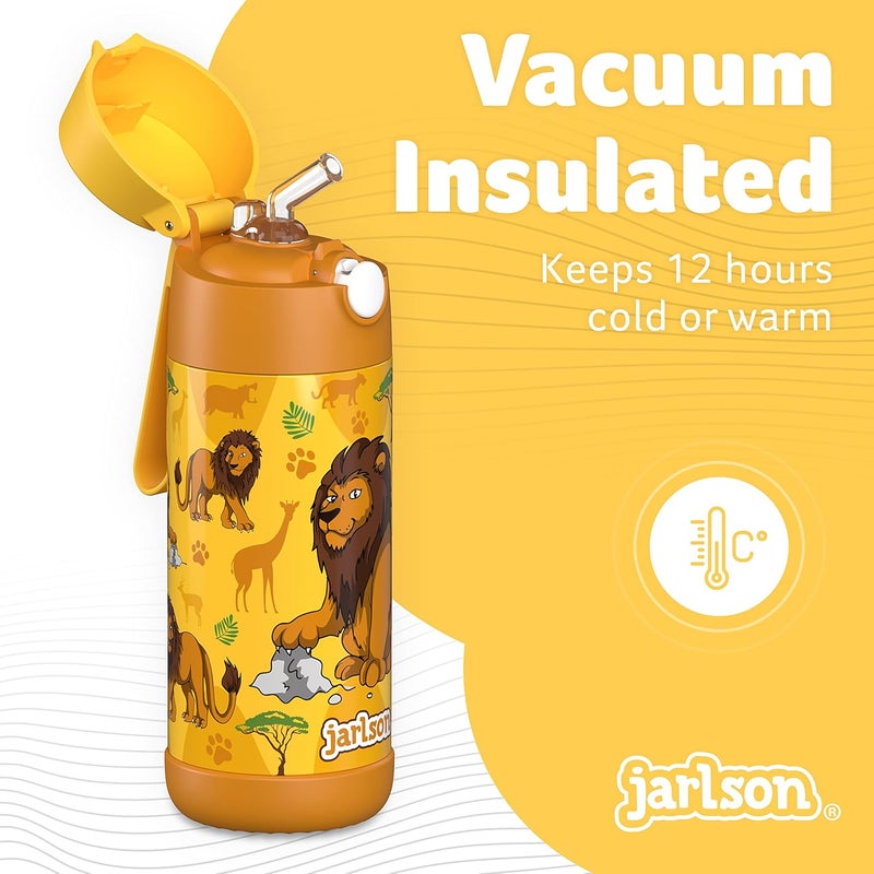 Jarlson جارلسون - قارورة مياه أطفال فولاذية مقاومة للصدأ - قارورة معزولة 350 مل - قوارير خالية من BPA - مع قشة - للمدرسة والرياضة ورياض الأطفال (أسد 2، 350 مل) - Image 2