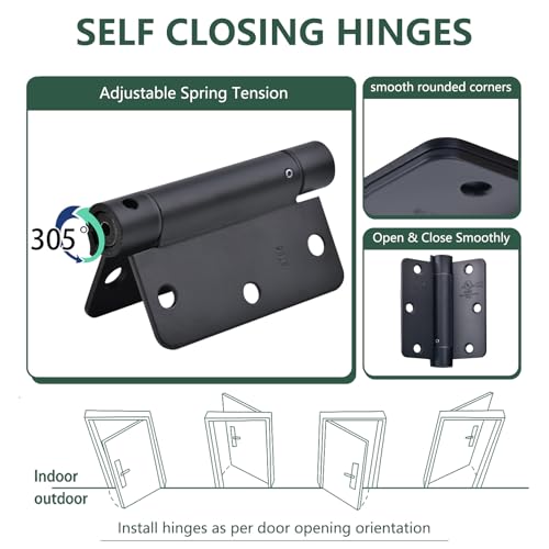 SORGMACH Self Closing Hinge 3 ½"x 3 ½" Adjustable 3 1/2 Inch Matte Black Auto Close Spring Hinges Door Closer Hinge 1/4" Radius Corner for Commercial Grade Auto Self-Closing 3 Pieces - Image 3