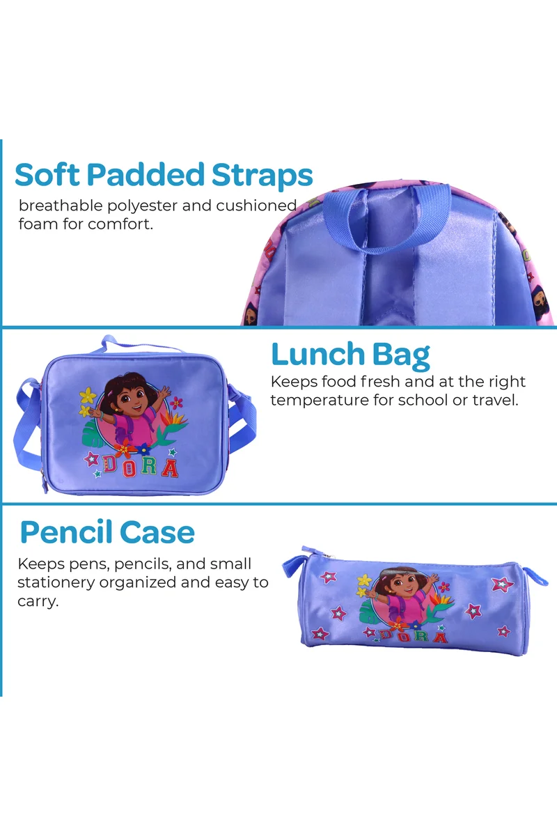 Moon MOON Licensed Dora the Explorer 3-in-1 Kids Backpack Set  - (13-Inch) Premium Kids School Bag with Lunch Bag & Pencil Case-Pink & Blue