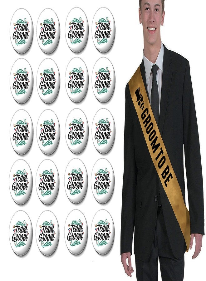 Hubops Groom to be sash with 20 pcs Team Groom pin Badge for Party Decoration Combo Pack (Gold Combo) - Image 1