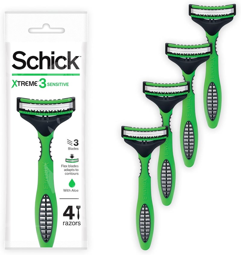 schick شيفك إكستريم 3 شفرات حلاقة حساسة قابلة للاستخدام مرة واحدة - 4 قطع مع شفرات مدمجة بالألوة - Image 1