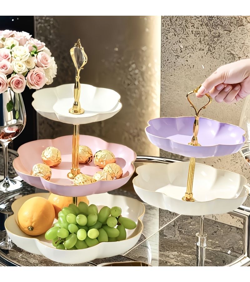Elegant 3 Tier Cream Purple Plastic Cake Stand With Romantic Floral Patterns For Wedding Birthday And Dessert Display Reusable Serving Tray - Image 4