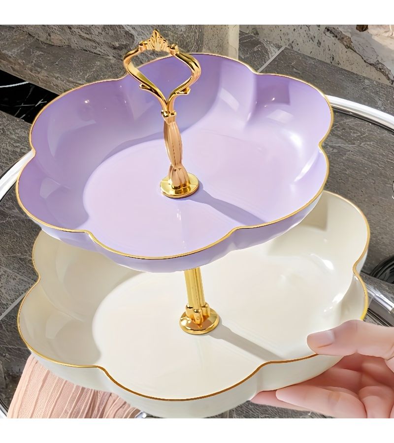 Elegant 3 Tier Cream Purple Plastic Cake Stand With Romantic Floral Patterns For Wedding Birthday And Dessert Display Reusable Serving Tray - Image 1
