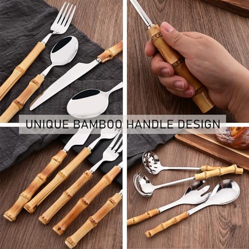 Uniturcky 30PCS Silverware Set for 6, Bamboo Handle Flatware Set, Stainless Steel Cutlery Set for Home Restaurant and Party, Bamboo Forks Spoons and Knives Set, Polished Tableware - Image 5