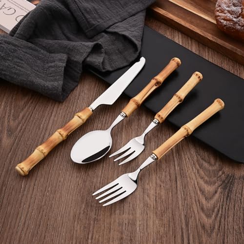 Uniturcky 30PCS Silverware Set for 6, Bamboo Handle Flatware Set, Stainless Steel Cutlery Set for Home Restaurant and Party, Bamboo Forks Spoons and Knives Set, Polished Tableware - Image 4