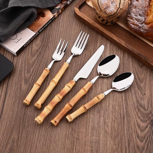 Uniturcky 30PCS Silverware Set for 6, Bamboo Handle Flatware Set, Stainless Steel Cutlery Set for Home Restaurant and Party, Bamboo Forks Spoons and Knives Set, Polished Tableware - Image 3