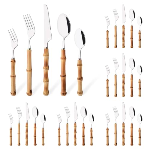 Uniturcky 30PCS Silverware Set for 6, Bamboo Handle Flatware Set, Stainless Steel Cutlery Set for Home Restaurant and Party, Bamboo Forks Spoons and Knives Set, Polished Tableware - Image 1