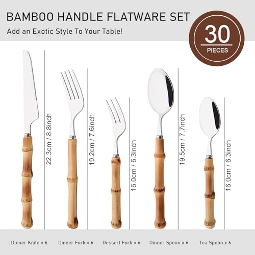 Uniturcky 30PCS Silverware Set for 6, Bamboo Handle Flatware Set, Stainless Steel Cutlery Set for Home Restaurant and Party, Bamboo Forks Spoons and Knives Set, Polished Tableware - Image 2
