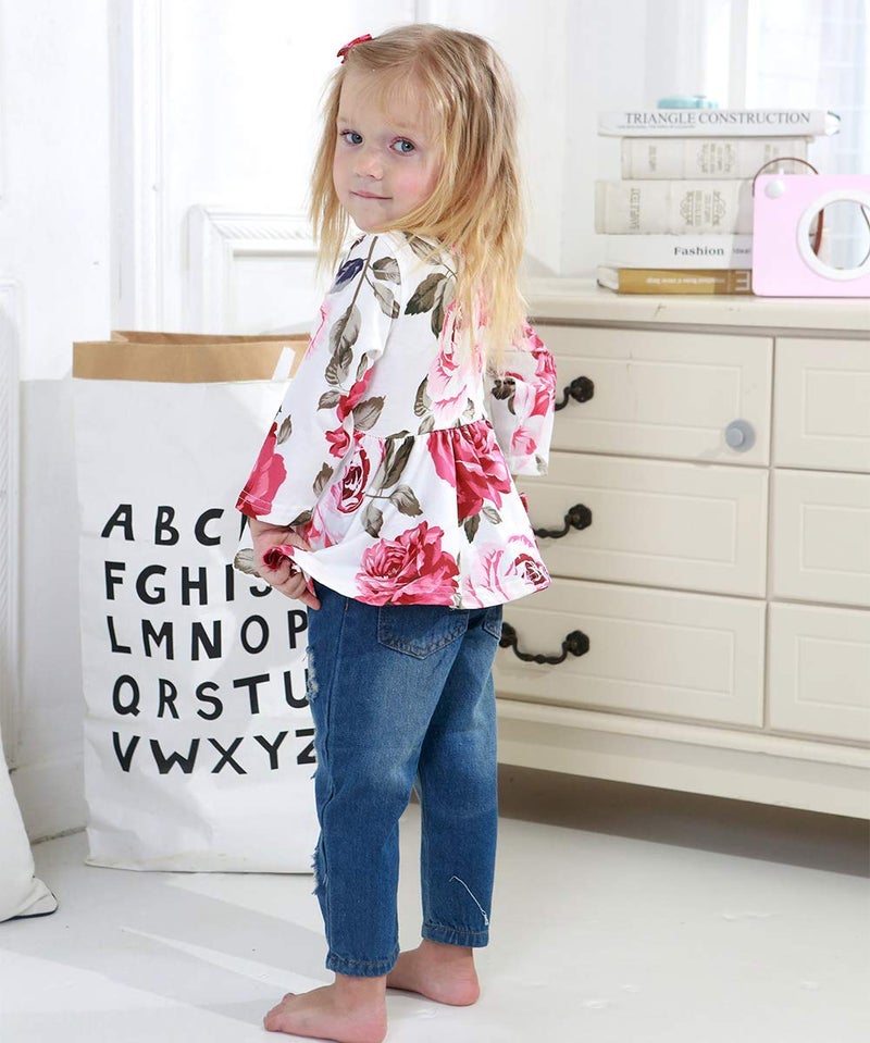 CARETOO Baby Girl Clothes Floral Print Long Sleeve Crew Neck Ruffle Top Fashion Ripped Jeans Fall Winter Toddler Girls Outfits - Image 3
