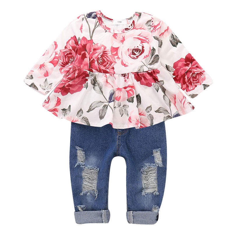 CARETOO Baby Girl Clothes Floral Print Long Sleeve Crew Neck Ruffle Top Fashion Ripped Jeans Fall Winter Toddler Girls Outfits - Image 1