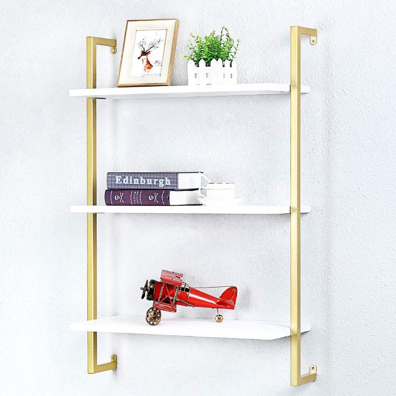 OLDRAINBOW Industrial Metal Wall Shelf,Floating Shelves Wall Mounted,24in Real Wood Book Shelves,3 Tier Hanging Wall Shelves for Bedrooms Office - Image 1