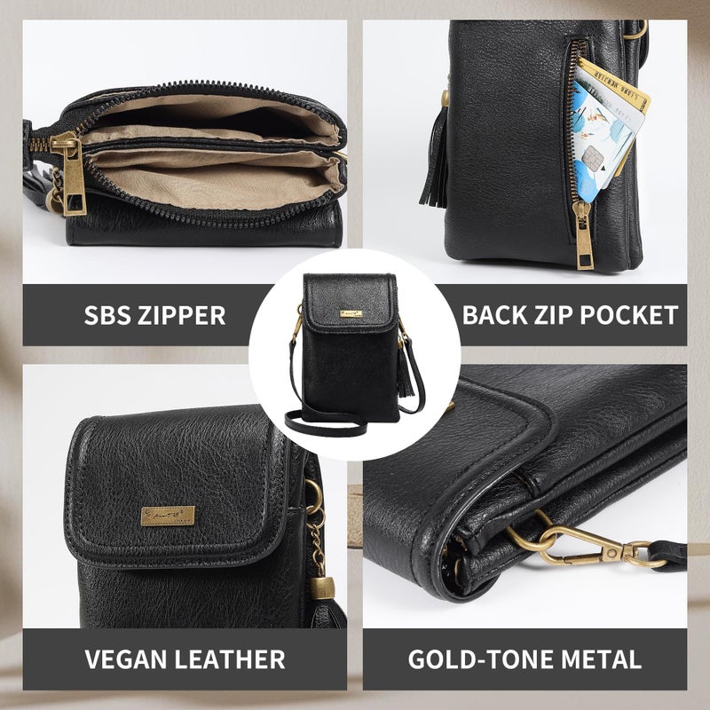 AnsTOP Small Crossbody Bag for Women,Minimalist Designer Vegan Leather Phone Purse with Tassel,Handheld & Adjustable Shoulder Strap for Daily Use Black - Image 4
