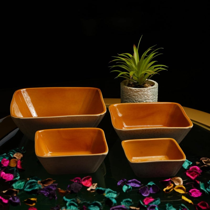 Caffeine Ceramic Handmade Matte Cream Glossy Brown Serving Bowl Set of 4 - Image 1