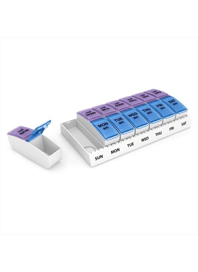 Ezy Dose Weekly (7-Day) Pill Case, Medicine Planner, Vitamin Organizer Box, 2 Times a Day AM/PM, Large Pop-Out Compartments, Convenient and Easy to Use, Blue and Purple Lids, BPA Free  - Image 1