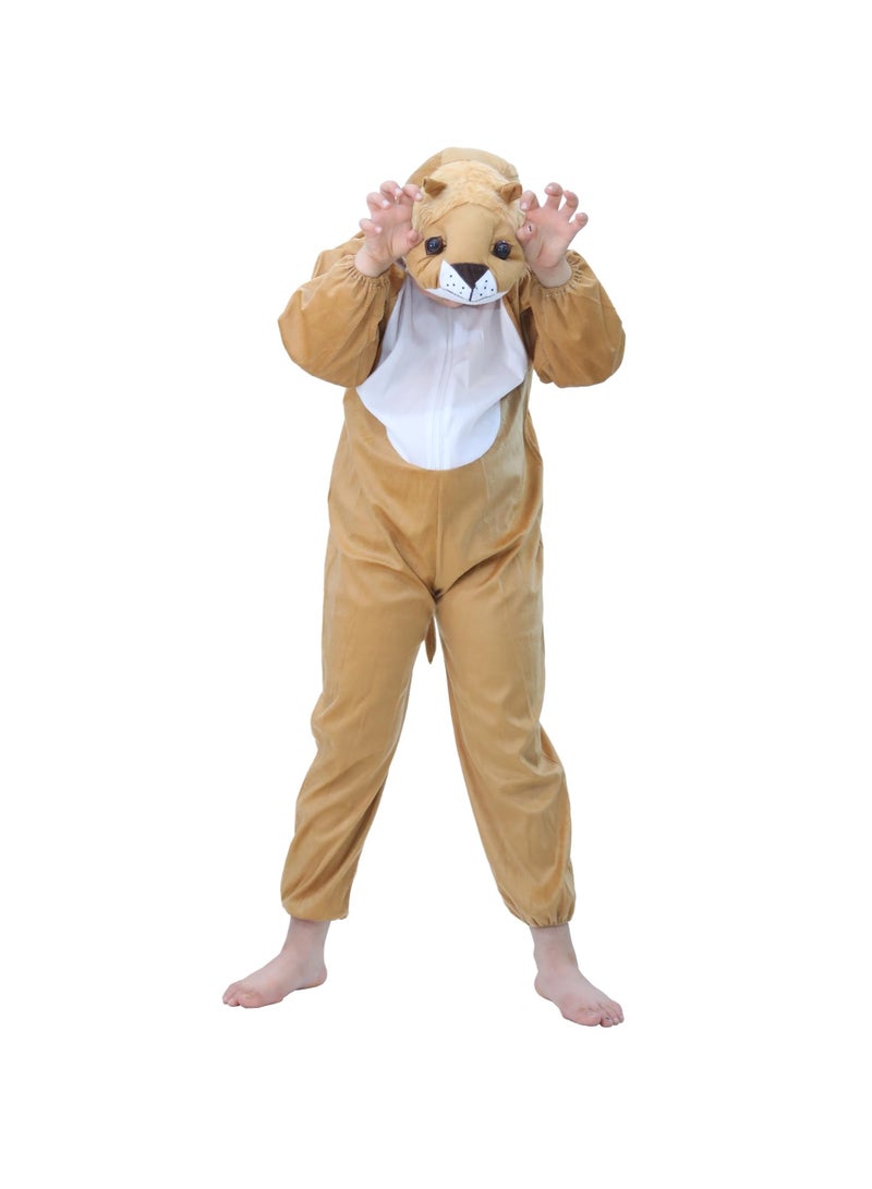 Kids Lion Costume Jumpsuit with Hood, Animal Fancy Dress, Party Outfit, Size L(6-7Years) - Image 1