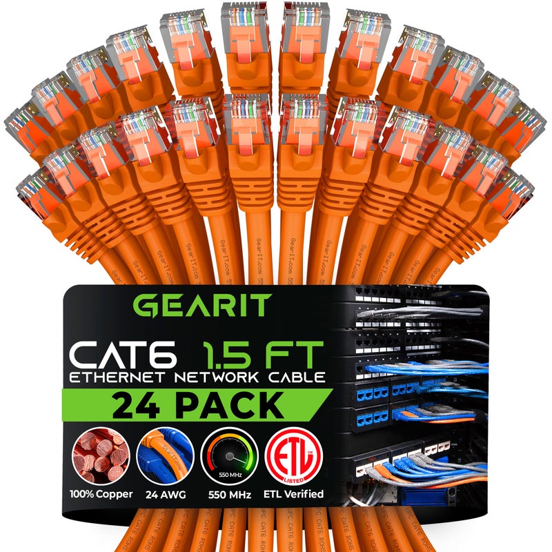 GearIT Cat 6 Ethernet Cable (24-Pack 1.5 Feet) Cat6 Network Patch, 10Gbps, RJ45, Snagless Cord, Gold-Plated Connectors, Internet for PC, TV, Tablet, Router, Printer, Servers, IT Data Center - Orange - Image 1