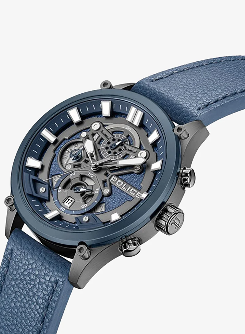 POLICE Men's Wadden 45mm Chronograph Watch with Blue Leather Strap, Quartz Movement, Screw-Detailed Dial