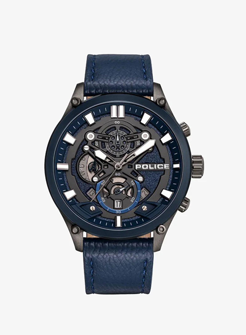 POLICE Men's Wadden 45mm Chronograph Watch with Blue Leather Strap, Quartz Movement, Screw-Detailed Dial