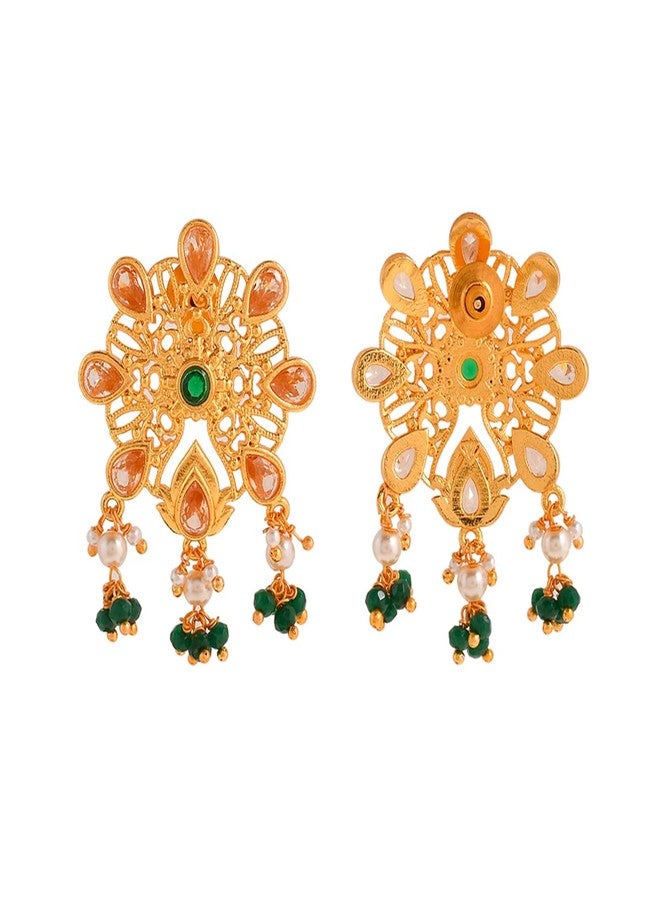 Voylla Abharan Pink and Green Stones Floral Stud Earrings - Image 5
