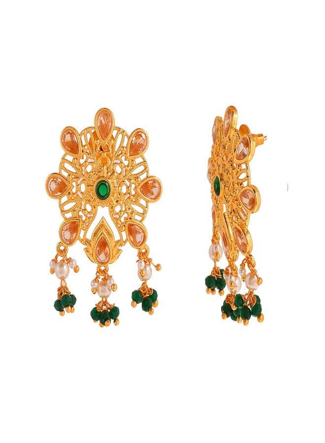 Voylla Abharan Pink and Green Stones Floral Stud Earrings - Image 4
