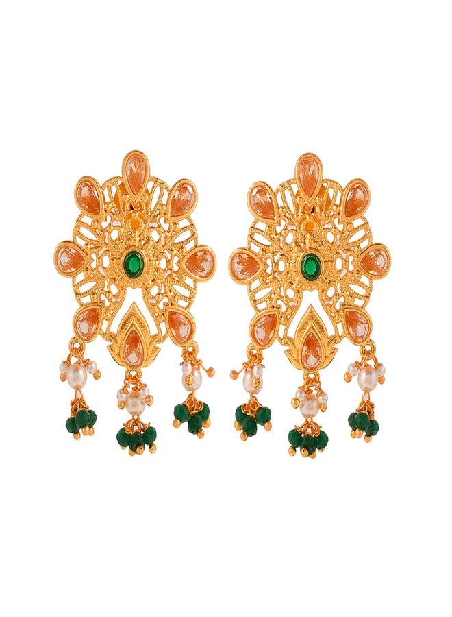 Voylla Abharan Pink and Green Stones Floral Stud Earrings - Image 1