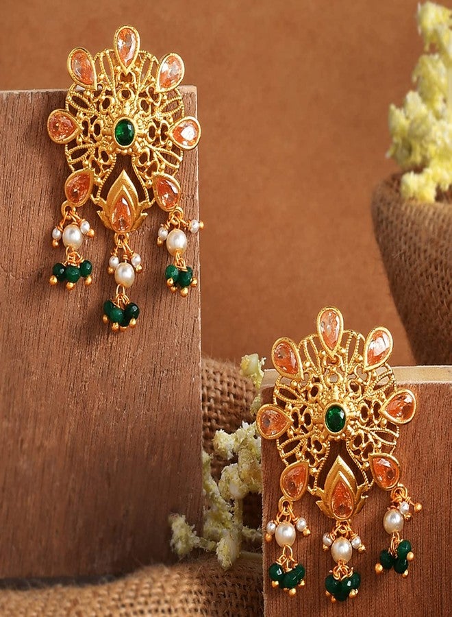 Voylla Abharan Pink and Green Stones Floral Stud Earrings - Image 2