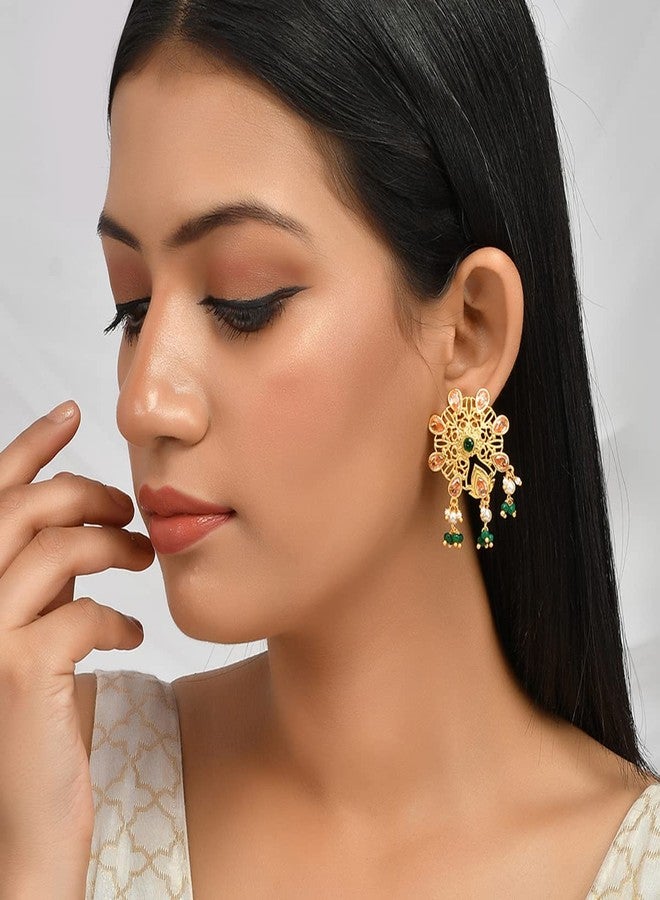 Voylla Abharan Pink and Green Stones Floral Stud Earrings - Image 3