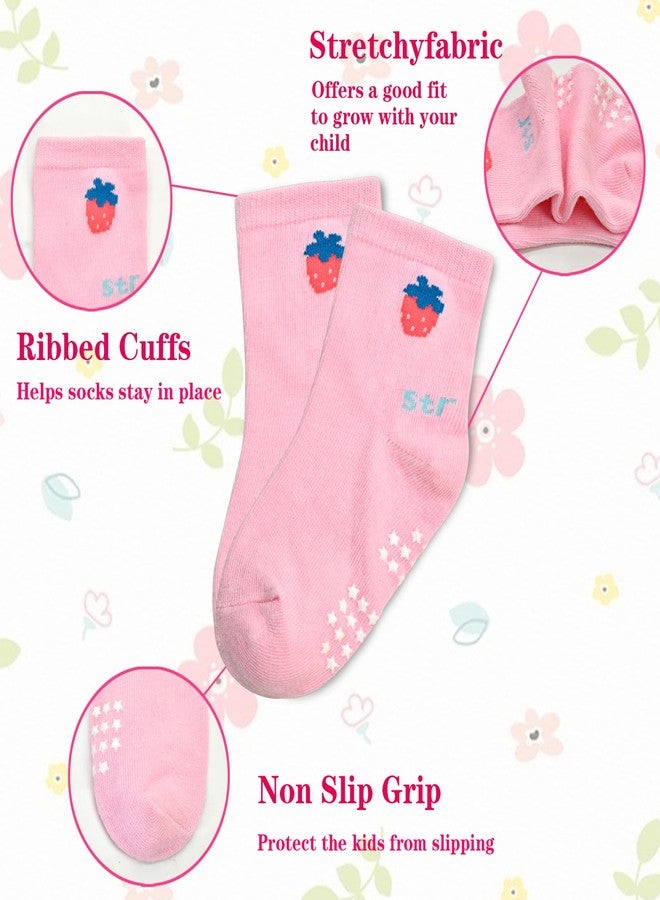 GRPSKCOS Toddler Girls Socks, 12 Pack Non Slip Breathable Crew Socks with Grips for 1-7 Years Kids(Pink Srawberry,3-5T) - Image 4