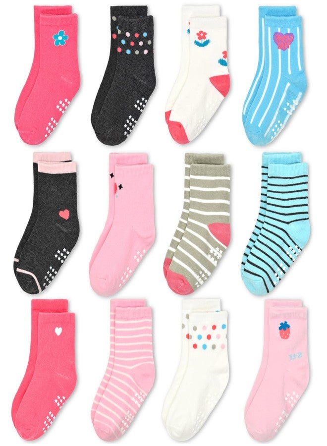 GRPSKCOS Toddler Girls Socks, 12 Pack Non Slip Breathable Crew Socks with Grips for 1-7 Years Kids(Pink Srawberry,3-5T) - Image 1