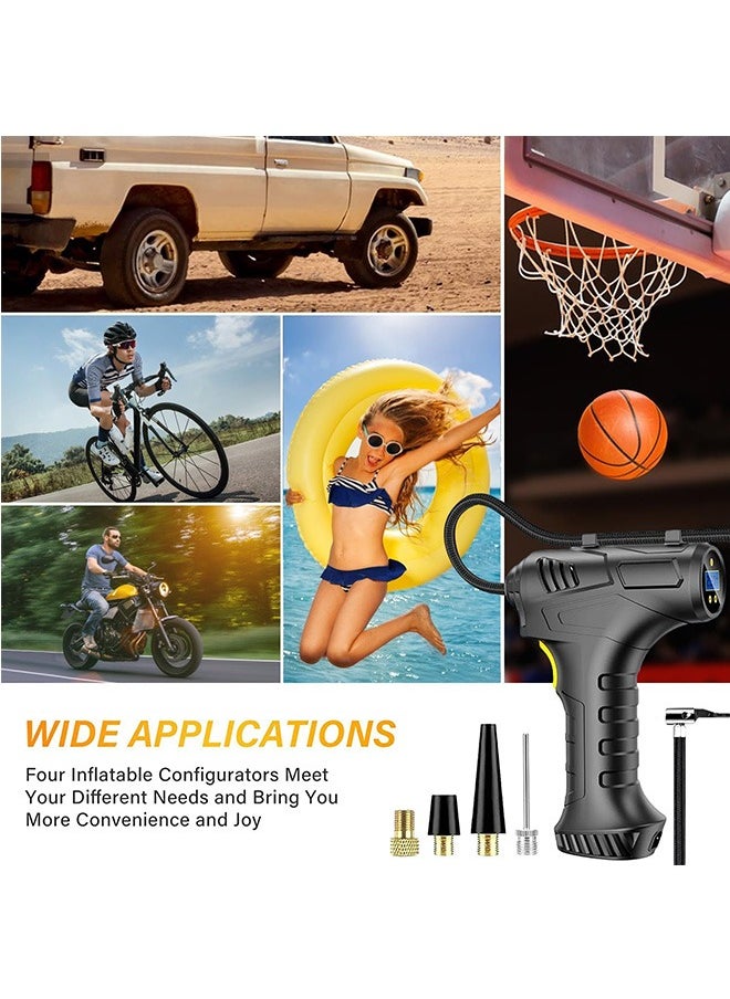 Cordless Tyre Inflator Air Compressor, 12V USB Rechargeable Battery 150PSI Portable Car Tyre Pump, Electric Digital Tyre Pump with LED Light and 3 Nozzle Adaptors for Car Motorcycle Bicycle