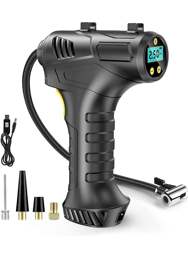 LENND Cordless Tyre Inflator Air Compressor, 12V USB Rechargeable Battery 150PSI Portable Car Tyre Pump, Electric Digital Tyre Pump with LED Light and 3 Nozzle Adaptors for Car Motorcycle Bicycle  - Image 1