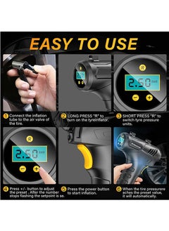 LENND Cordless Tyre Inflator Air Compressor, 12V USB Rechargeable Battery 150PSI Portable Car Tyre Pump, Electric Digital Tyre Pump with LED Light and 3 Nozzle Adaptors for Car Motorcycle Bicycle  - Image 3