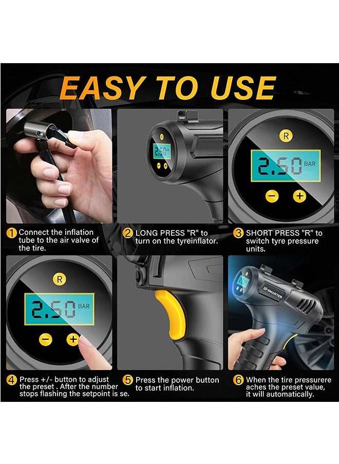 LENND Cordless Tyre Inflator Air Compressor, 12V USB Rechargeable Battery 150PSI Portable Car Tyre Pump, Electric Digital Tyre Pump with LED Light and 3 Nozzle Adaptors for Car Motorcycle Bicycle  - Image 3