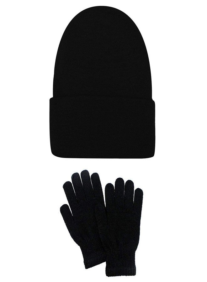 Okara Childrens Beanie Hat and Gloves Set Woolly Ski Hat Warm Winter School Uniform Kids Boys Girls_5-10 Yearss,Black - Image 1