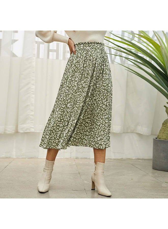 EXLURA Womens High Waist Polka Dot Pleated Maxi Skirt Midi Swing Skirt Beach Vacation Cruise Outfits with Pockets, Green-leopard, S - Image 3