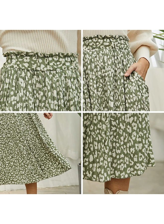 EXLURA Womens High Waist Polka Dot Pleated Maxi Skirt Midi Swing Skirt Beach Vacation Cruise Outfits with Pockets, Green-leopard, S - Image 5