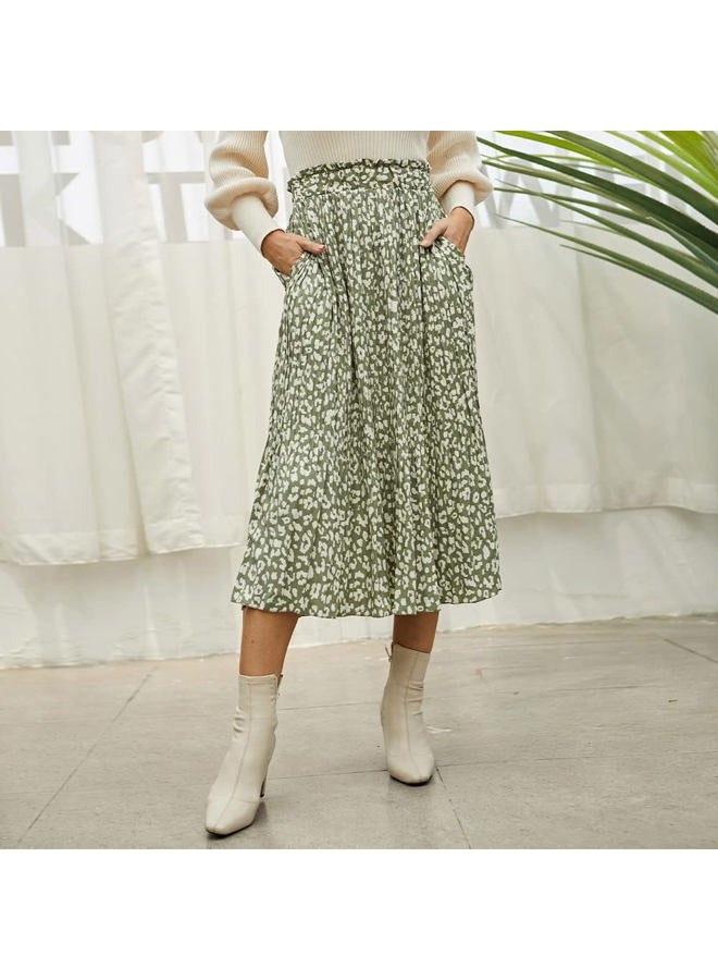 EXLURA Womens High Waist Polka Dot Pleated Maxi Skirt Midi Swing Skirt Beach Vacation Cruise Outfits with Pockets, Green-leopard, S - Image 2
