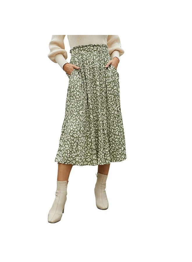 EXLURA Womens High Waist Polka Dot Pleated Maxi Skirt Midi Swing Skirt Beach Vacation Cruise Outfits with Pockets, Green-leopard, S - Image 1