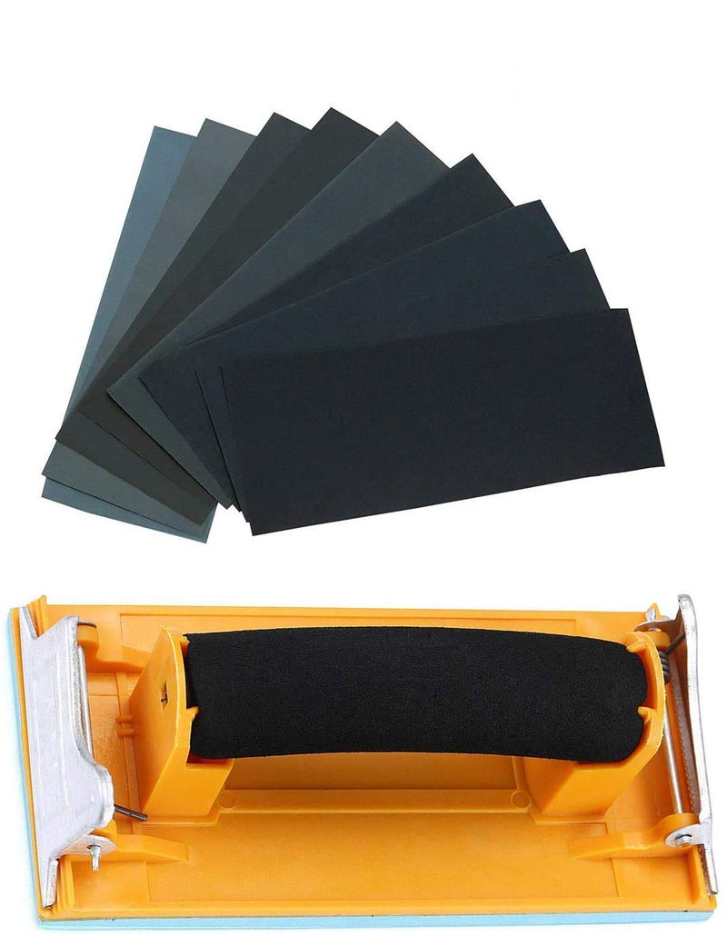 XLSFPY Sandpaper Variety Pack 120 to 3000 Assorted Grits Sand Paper 24 Pack Sandpaper + 1 Hand Sander, 9x3.6 Inch Sanding Sheets for Wood Furniture Finishing Glass Metal Sanding Automotive Polish - Image 1