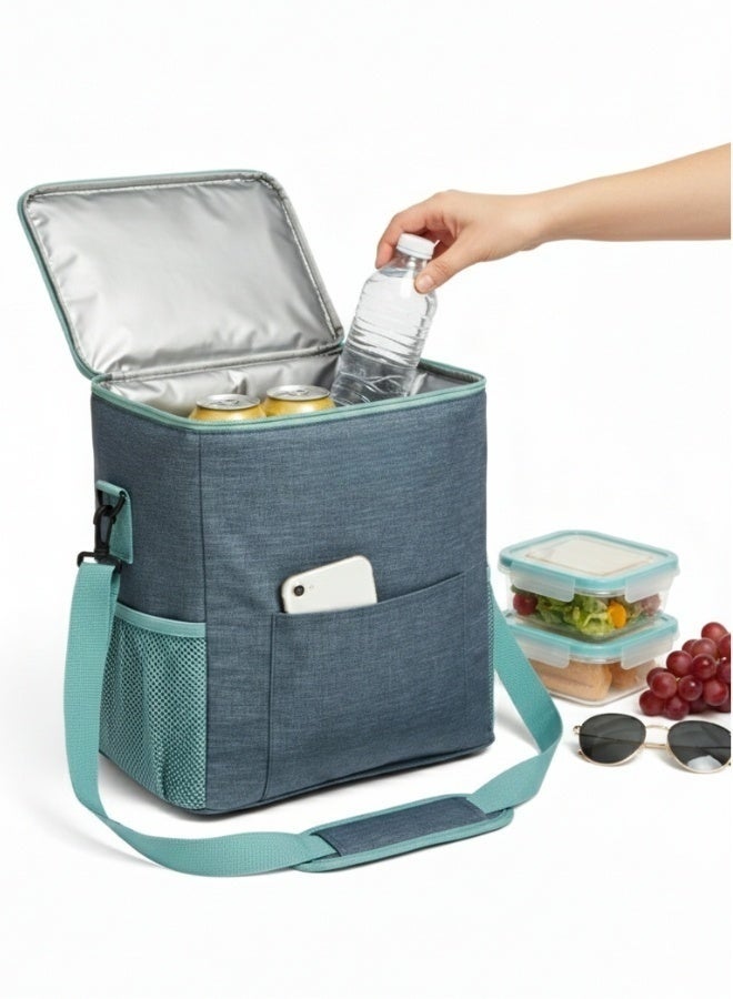 Happy Home Thermal Cooler Bag 16L 29×18×30 cm with Aluminum Thermal Lining, Large Portable Lunch Tote with 2 Side Mesh Pockets for Water Bottles, Cans & Drinks plus Front Storage Pocket, Lightweight Thermal Food and Beverage Cooler Bag for Picnic, Travel, Grocery Shopping, School, Office, Beach and Outdoor Activities - Green - Image 3
