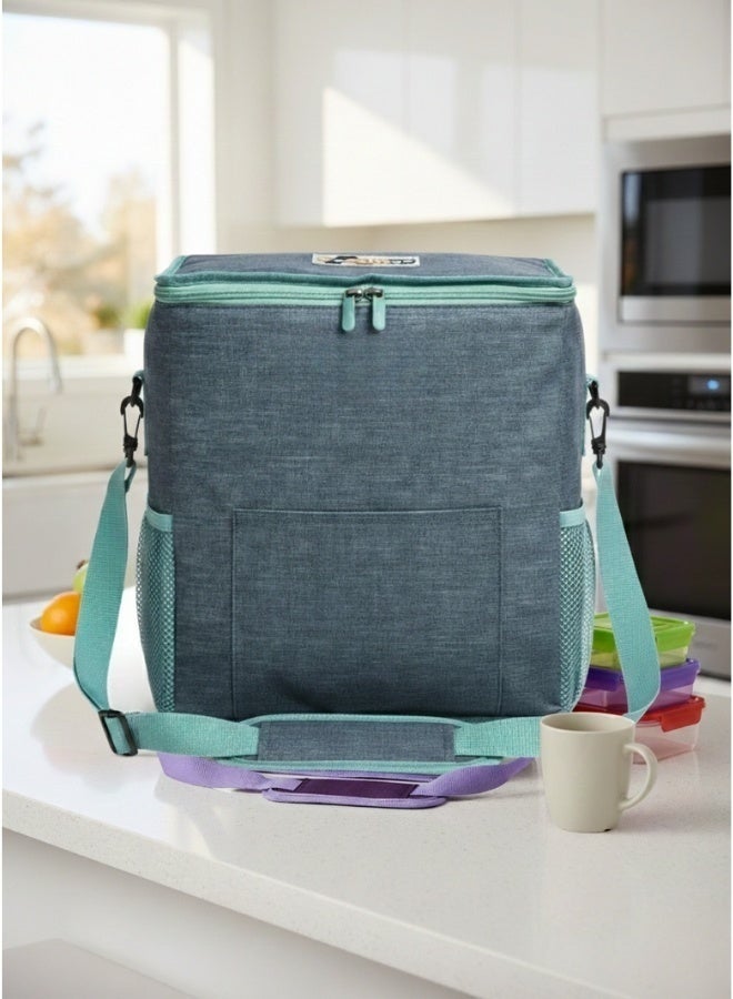 Happy Home Thermal Cooler Bag 16L 29×18×30 cm with Aluminum Thermal Lining, Large Portable Lunch Tote with 2 Side Mesh Pockets for Water Bottles, Cans & Drinks plus Front Storage Pocket, Lightweight Thermal Food and Beverage Cooler Bag for Picnic, Travel, Grocery Shopping, School, Office, Beach and Outdoor Activities - Green - Image 5
