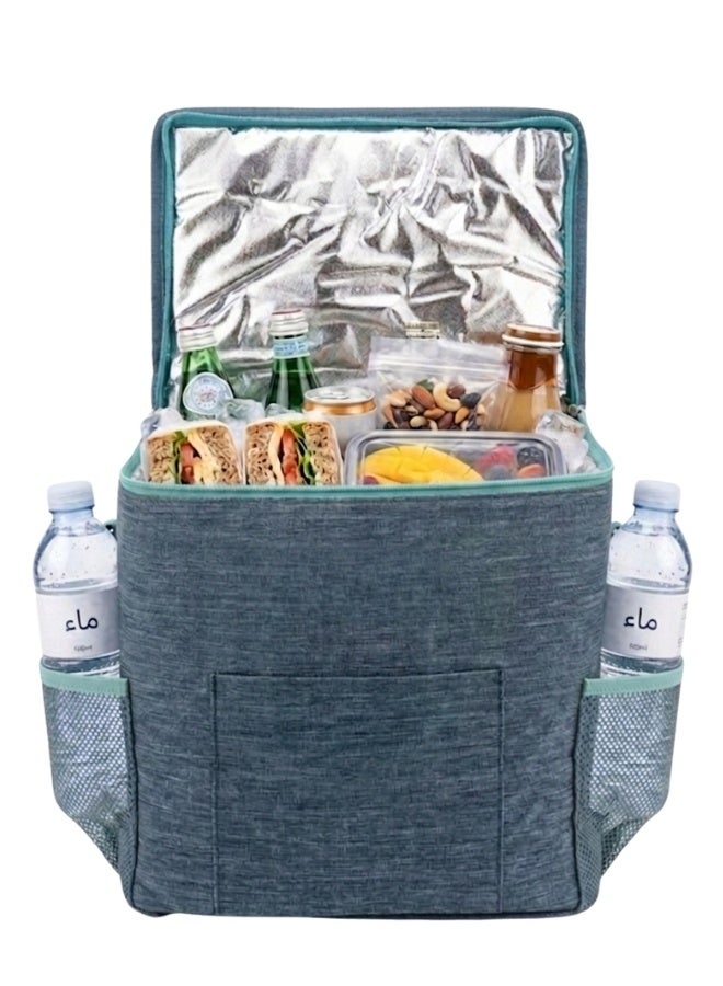 Happy Home Thermal Cooler Bag 16L 29×18×30 cm with Aluminum Thermal Lining, Large Portable Lunch Tote with 2 Side Mesh Pockets for Water Bottles, Cans & Drinks plus Front Storage Pocket, Lightweight Thermal Food and Beverage Cooler Bag for Picnic, Travel, Grocery Shopping, School, Office, Beach and Outdoor Activities - Green - Image 2