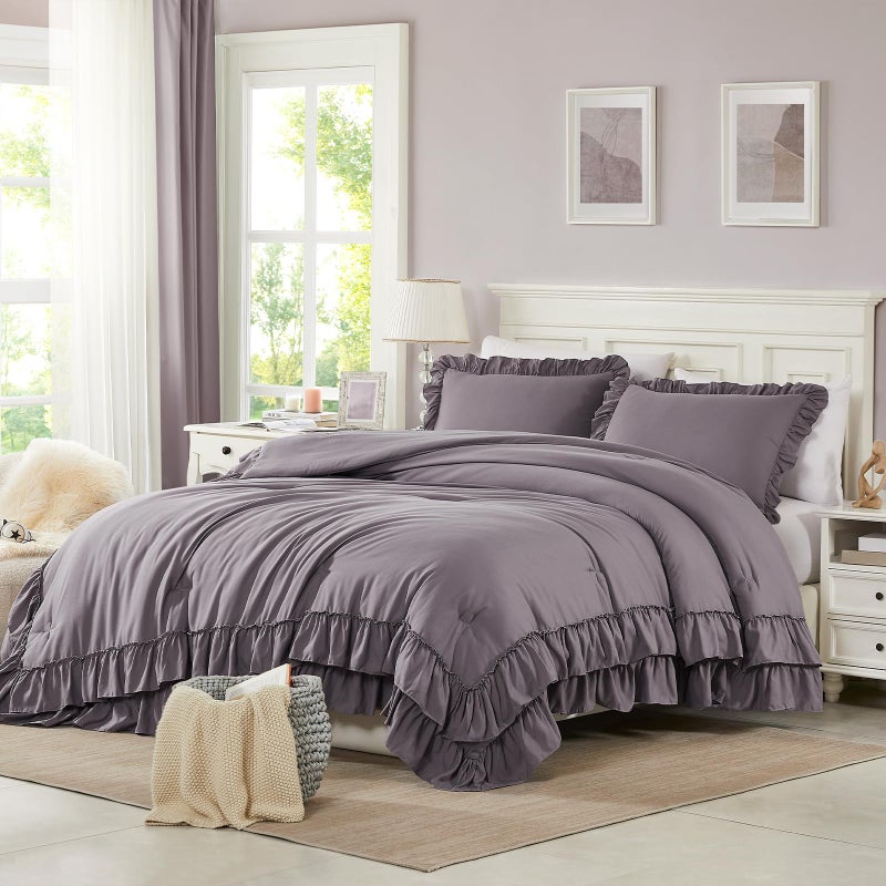 Cupocupa Purple Ruffle King Size Comforter Set, Shabby Chic Boho Bedding Comforter Sets, Fluffy Cozy Bedding Comforters & Sets for All Season, 3PCS Lightweight Farmhouse Rustic Bedding Sets - Image 1