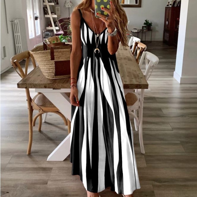 2023 Summer Fashion Loose Color Block Printed Slip Dress Matcha  - Image 3