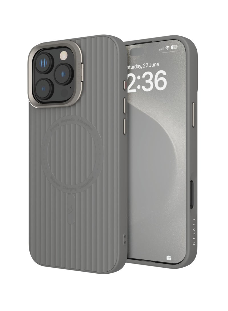 ليفيلو حافظة ايفون 16 برو ماج سيف، غطاء ليفيا من السيليكون TPU / زوايا مقاومة للصدمات / حلقة كاميرا بمسند معدني - رمادي - Image 1