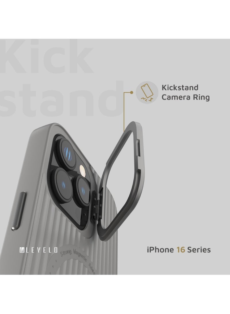 ليفيلو حافظة ايفون 16 برو ماج سيف، غطاء ليفيا من السيليكون TPU / زوايا مقاومة للصدمات / حلقة كاميرا بمسند معدني - رمادي - Image 3