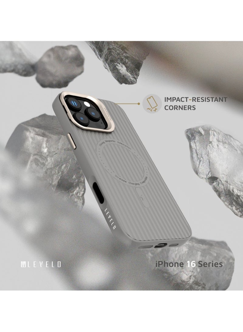 ليفيلو حافظة ايفون 16 برو ماج سيف، غطاء ليفيا من السيليكون TPU / زوايا مقاومة للصدمات / حلقة كاميرا بمسند معدني - رمادي - Image 4