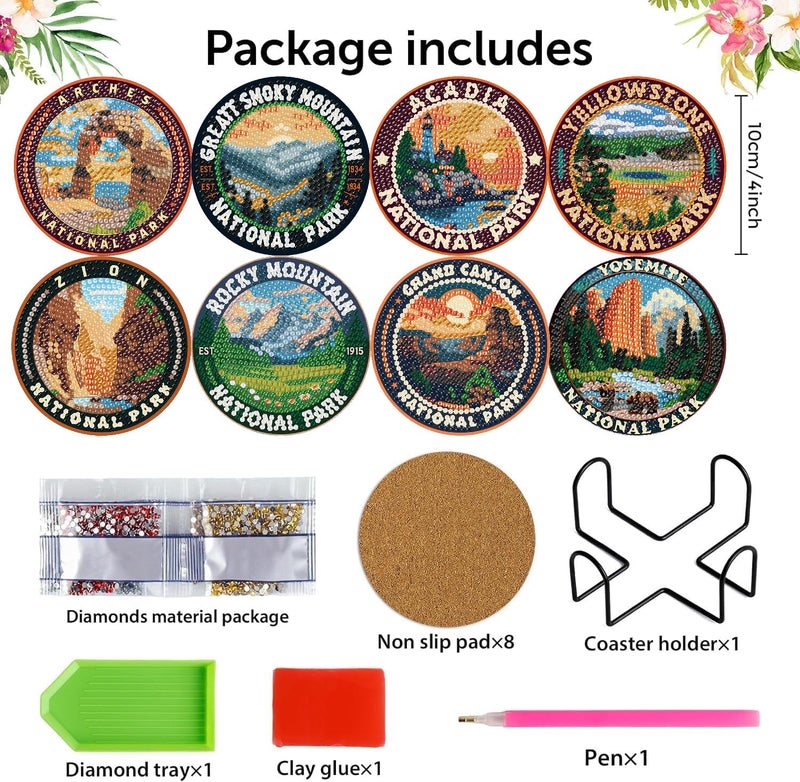 NEGEKFKX 8 Pcs National Park Diamond Art Painting Coasters Kits, Coaster with Holder for Adults, Non-Slip DIY Dot Paint Craft Kits,5D Full Drill DIY Diamond Dot Gem Art Kit Home Decor Arts Craft - Image 4