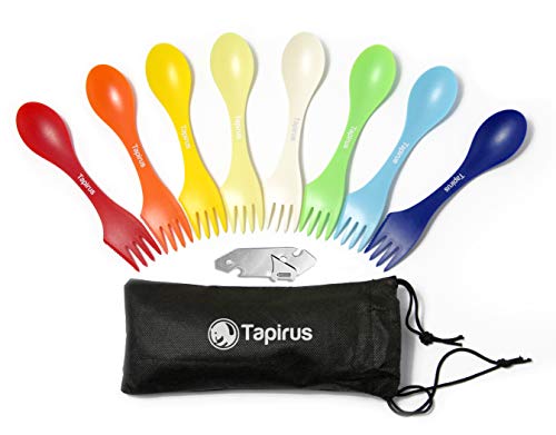 Tapirus - Camping Sporks to Go V8 Set - 7" BPA Free Plastic Sporks Reusable - Camping Spoon Fork Knife Combo with Bottle Opener & Case - For Hiking, Hunting, Backpacking Utensils, MREs - Pack of 8 - Image 1